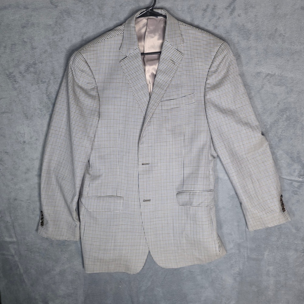 Hart Schaffner Marx Mens 42L Blazer Houndstooth Blue Tan Sport Coat Made in USA